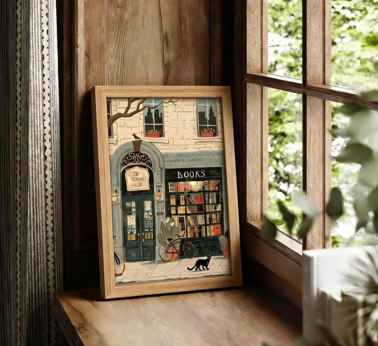 Framed Vintage Book Wall Art Bookstore and Black Cat Painting Canvas Prints Cozy Bookshop Library Bookish Picture Wall Decor Bookworm Reading Nook Poster Artwork for Living Room Bedroom Office