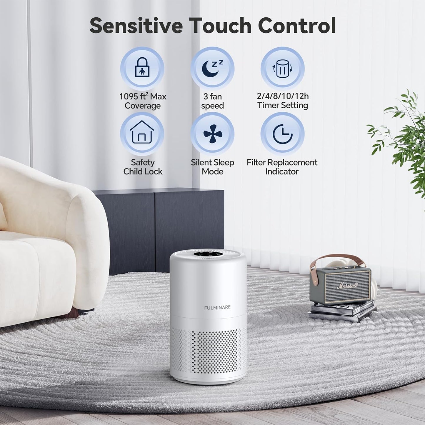 FULMINARE Air Purifiers for Home Bedroom 1095 Ft² Coverage HEPA Air Purifier for Large Room for Pets, Smoke, Kitchen, Office, 3 Speeds, Timer, Quiet, Auto Variable Frequency, Sleep Mode, White