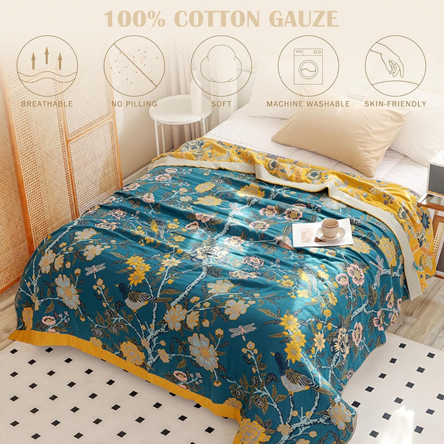Muslin Blanket 80 x 90 in 4-Layer Gauze Cotton Blanket for Adults, Soft Breathable Summer Cooling Blanket, Boho Floral Lightweight Bed Blanket for Couch Sofa (Flowr Branch Teal, 80 x 90 in)