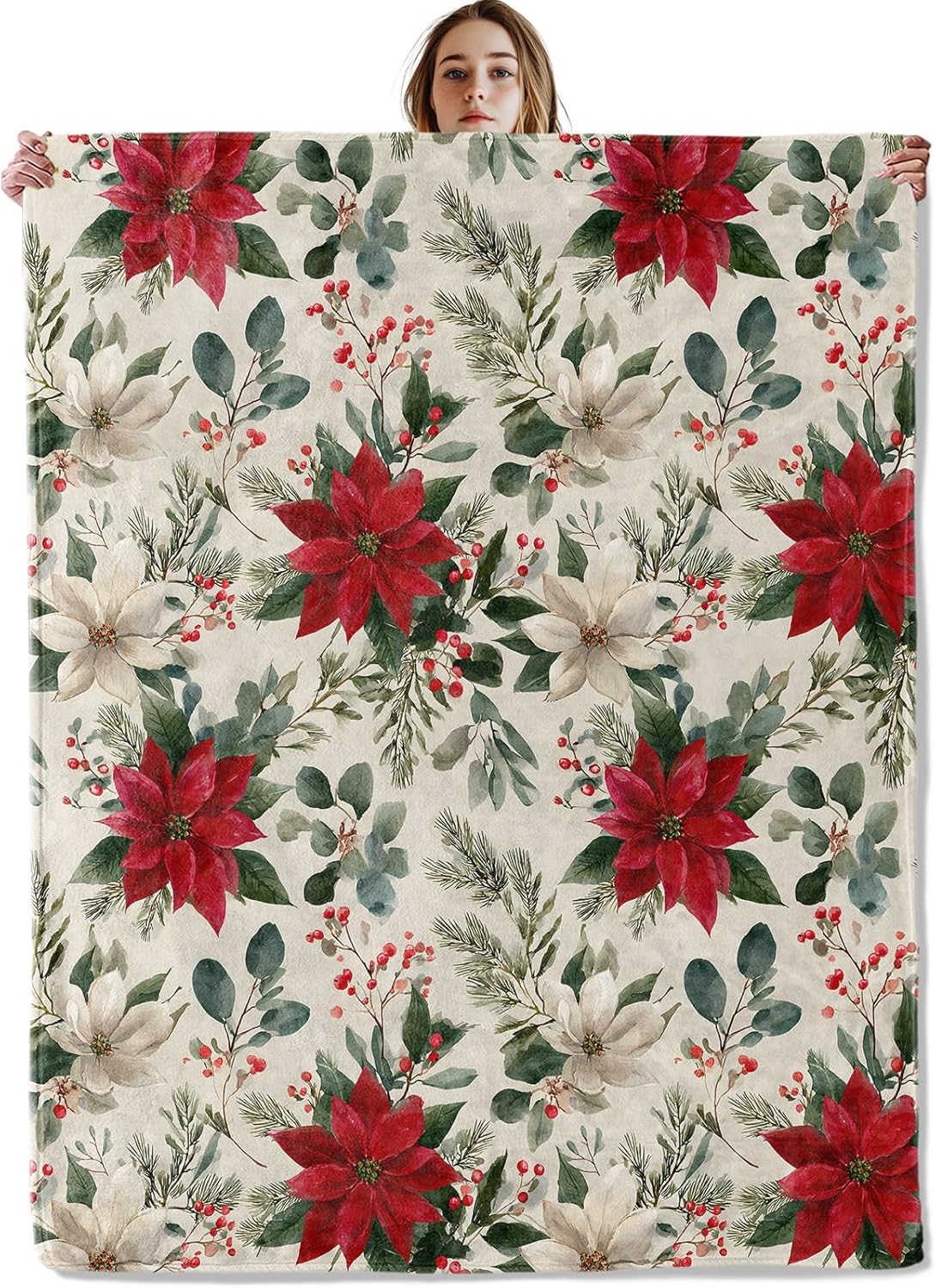 Poinsettia Floral Christmas Blanket, Soft Cozy Lightweight Elegant Flowers with Pine and Berries Throw Blanket for Women Kids, Sofa Couch Bed 50x60 Inch Flannel Blankets for Travel Decor Gifts