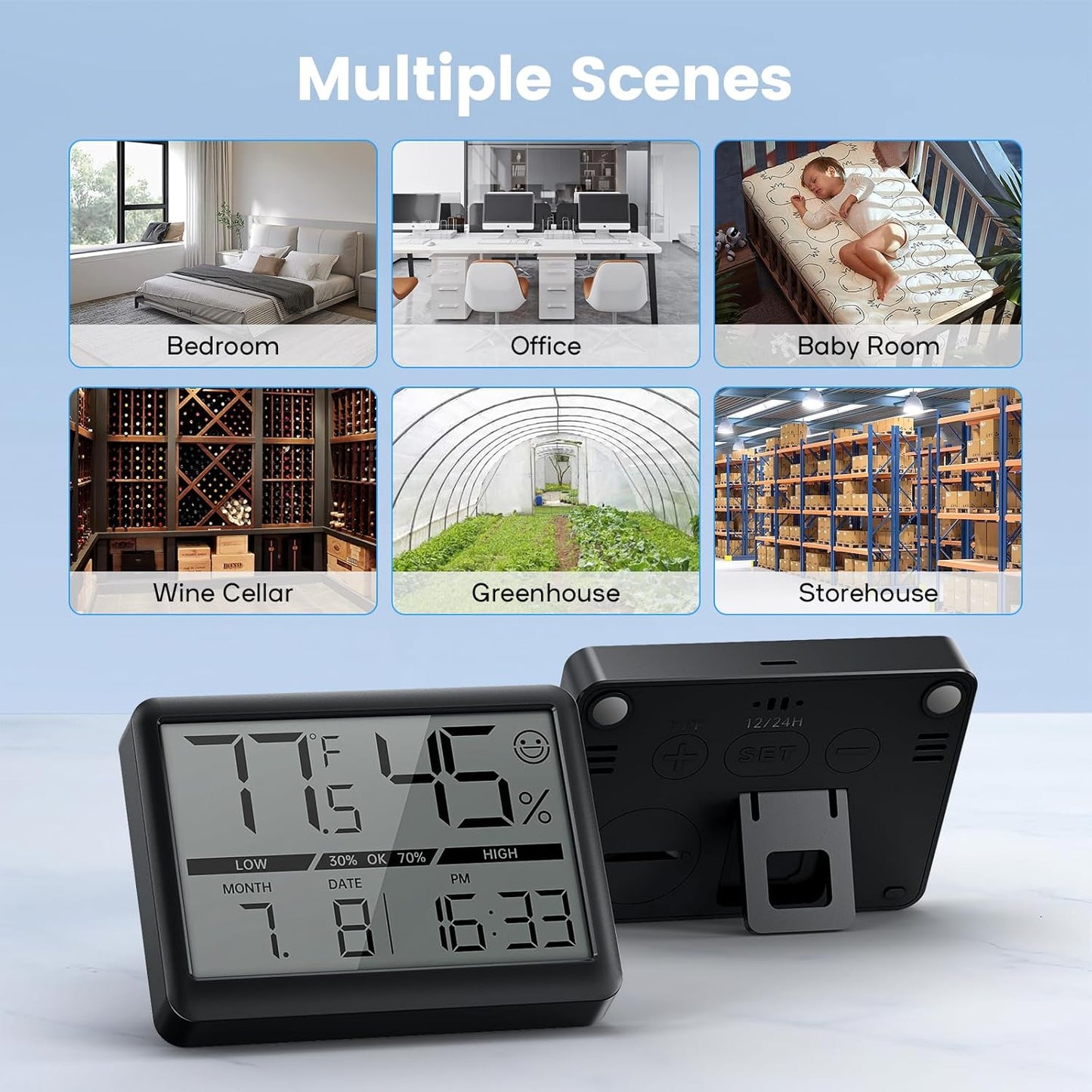 Deeyaple Humidity Meter Thermometer Digital Travel Clock Magnetic Battery Powered High Accuracy Display Temperature(℉/℃) Date 12/24H Time LCD Large Number Outdoor Indoor Hygrometer No Alarm