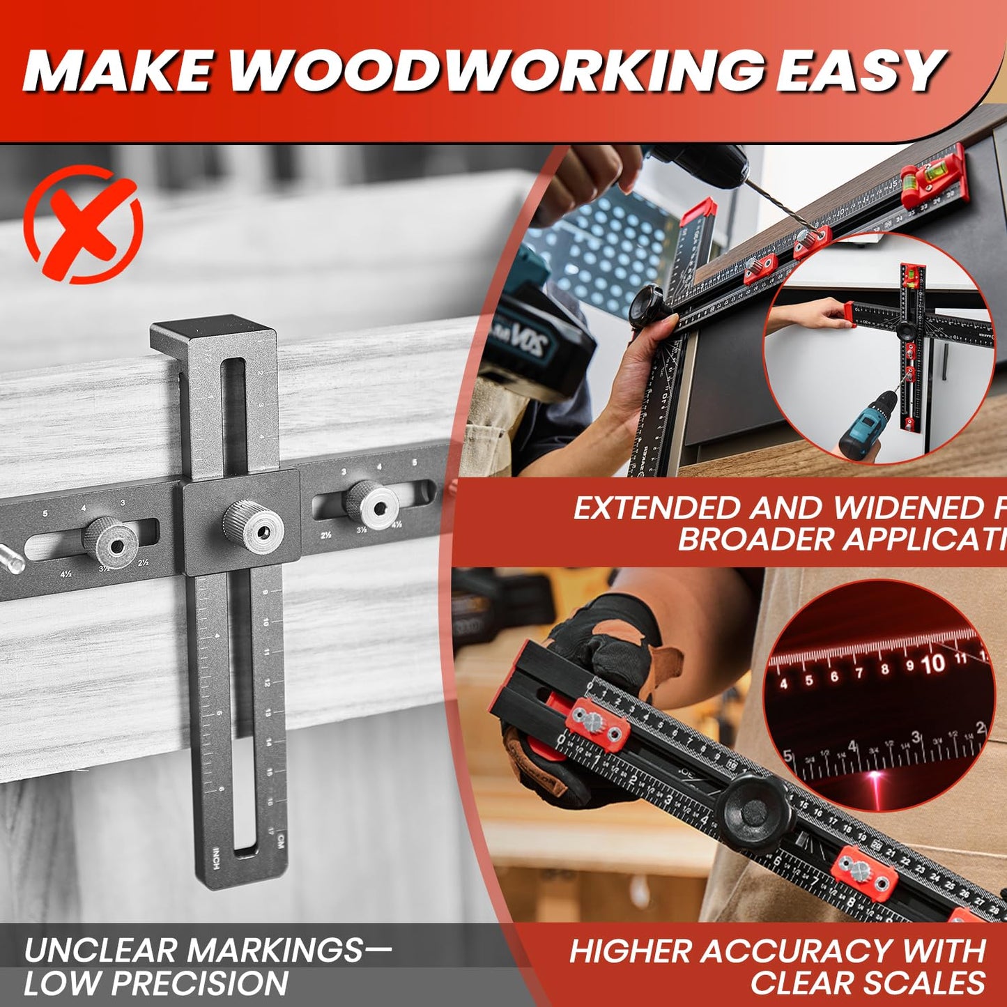 Saker 4-in-1 Drilling Positioning Ruler, Adjustable 13.78in Multifunctional T Square Ruler, Cabinet Hardware Jig, Marking Gauge Tools for Woodworking, Cabinet Drawer Door Hole Drilling Template