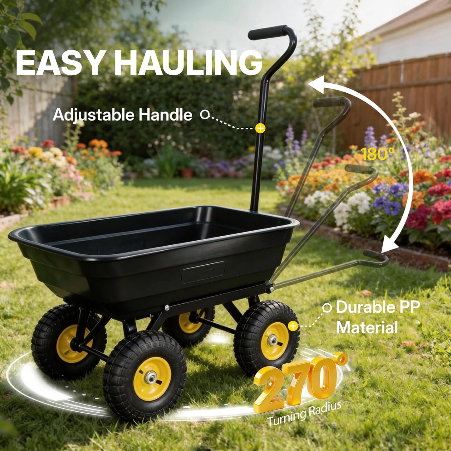 Heavy Duty Garden Dump Cart - 600lbs Load Capacity, 10" All-Terrain Wheels, Quick-Release System, Durable Poly Bed, 180° Rotating Handle, Yard Cart for Landscaping, Farm, and Outdoor Work