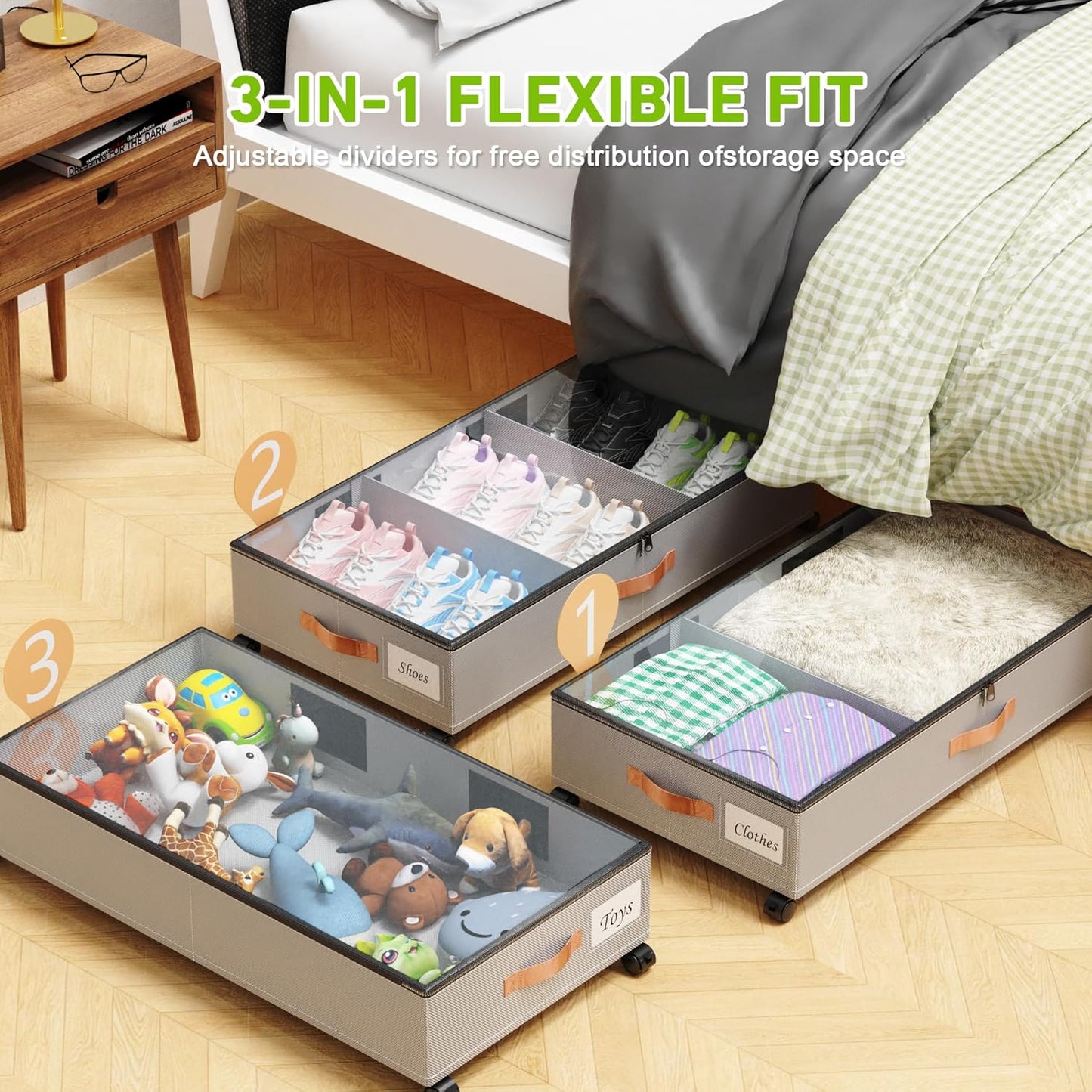 Under Bed Storage with Wheels, 2-Pack Under Bed Storage Containers with Clear Lids, XXL 65L Under the bed storage Organizer Bins, Rolling Under Bed Metal Drawer for Clothes,Shoes,Toys (gray)