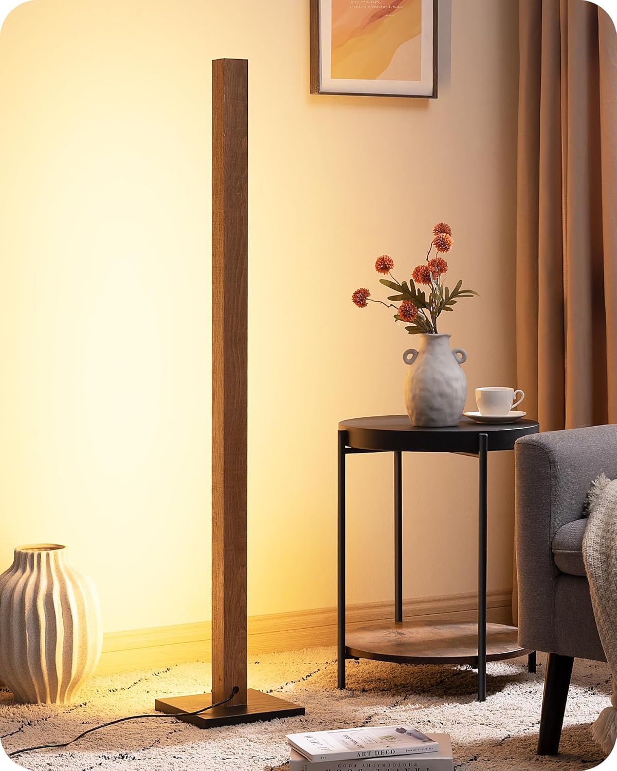 EDISHINE Mid Century Modern Floor Lamp with Remote, Dimmable Wood LED Corner Lamp, Minimalist Standing Mood Lighting for Living Room, Bedroom, Office, 7 Color Temperature 2700K~6000K, 48.43"
