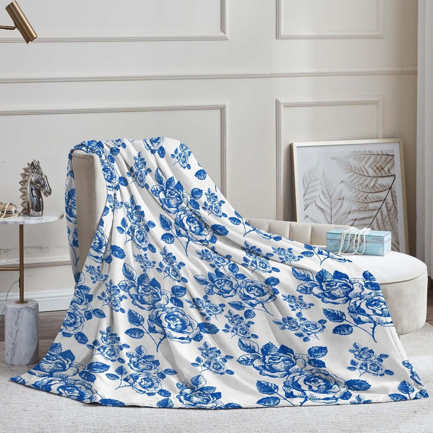 Blue Floral Throw Blanket Blue and White French Country Chinoiserie Flannel Blankets for Couch Bed Living Room Sofa, Decorative Patterned Super Soft Cozy, 50x60 in