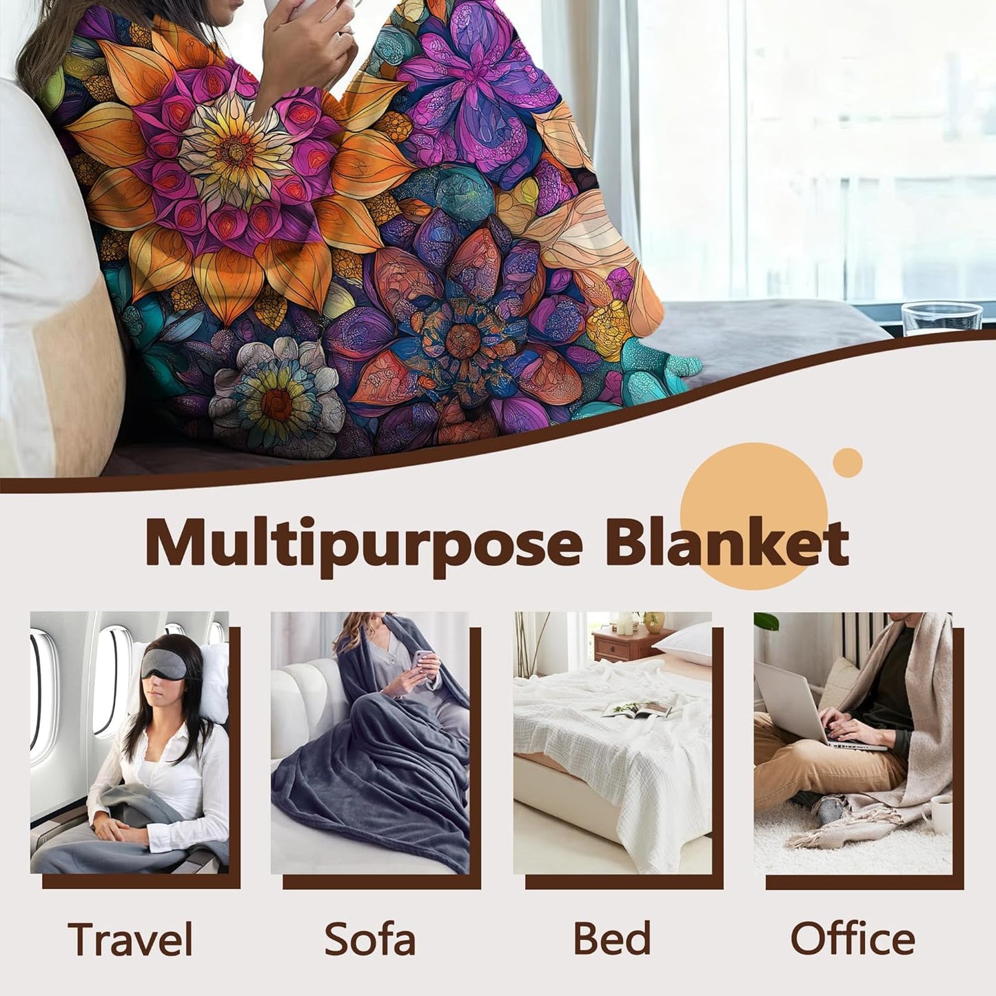 Vintage Floral Fall Throw Blanket,Ethic Flower Cozy Plush Fluffy Blanket for Living Room Decor,Lightweight Fleece Throws for Couch,Bed,Traveling,Naps,Reading,50 X 60 Inch