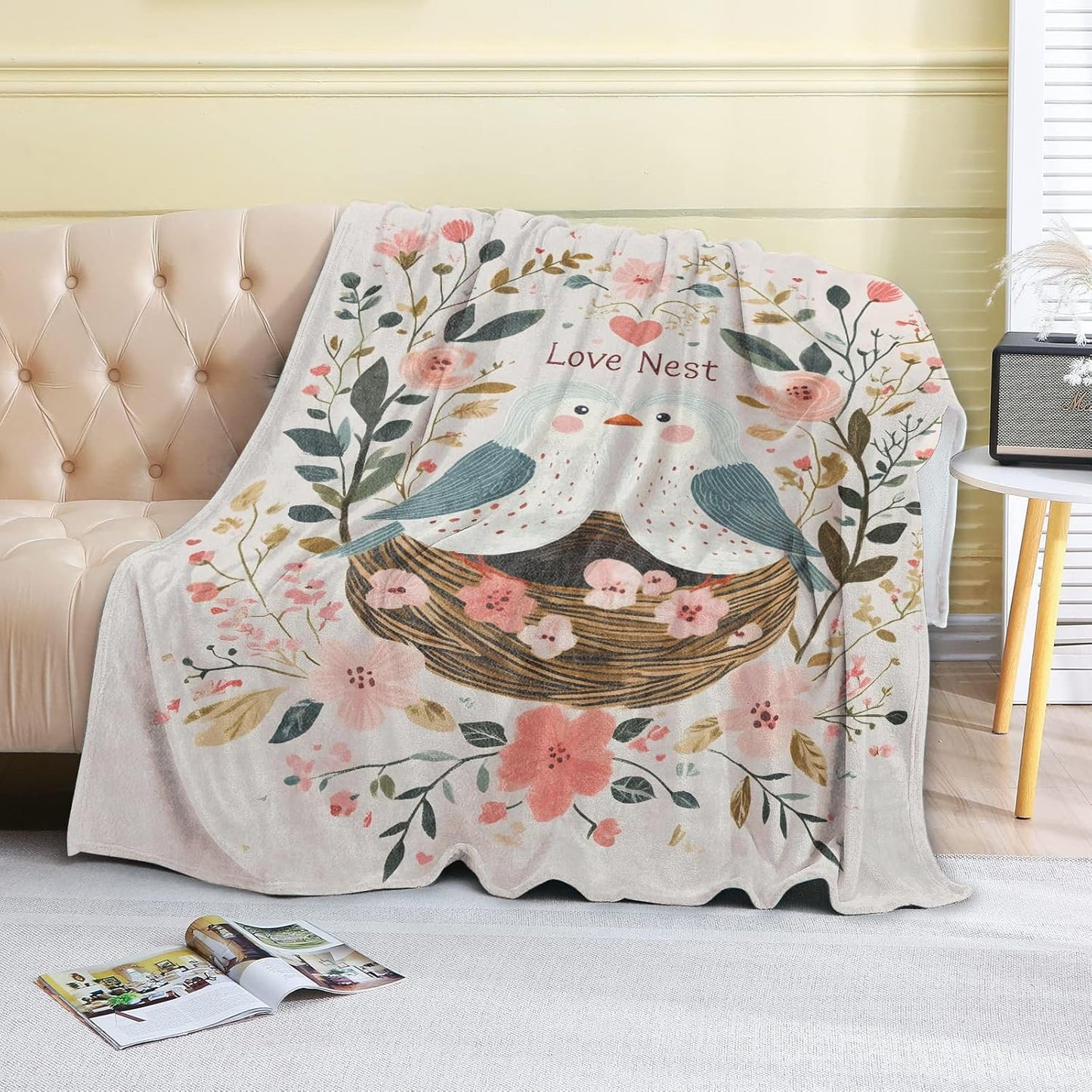 Bird Love Nest Fleece Blanket - 50x60in Cute Two Birds Flower Romantic Throw Blankets,Soft Cozy Lightweight, Ideal for Bed Living Room Home Whimsical Decor and Girls Women Gifts