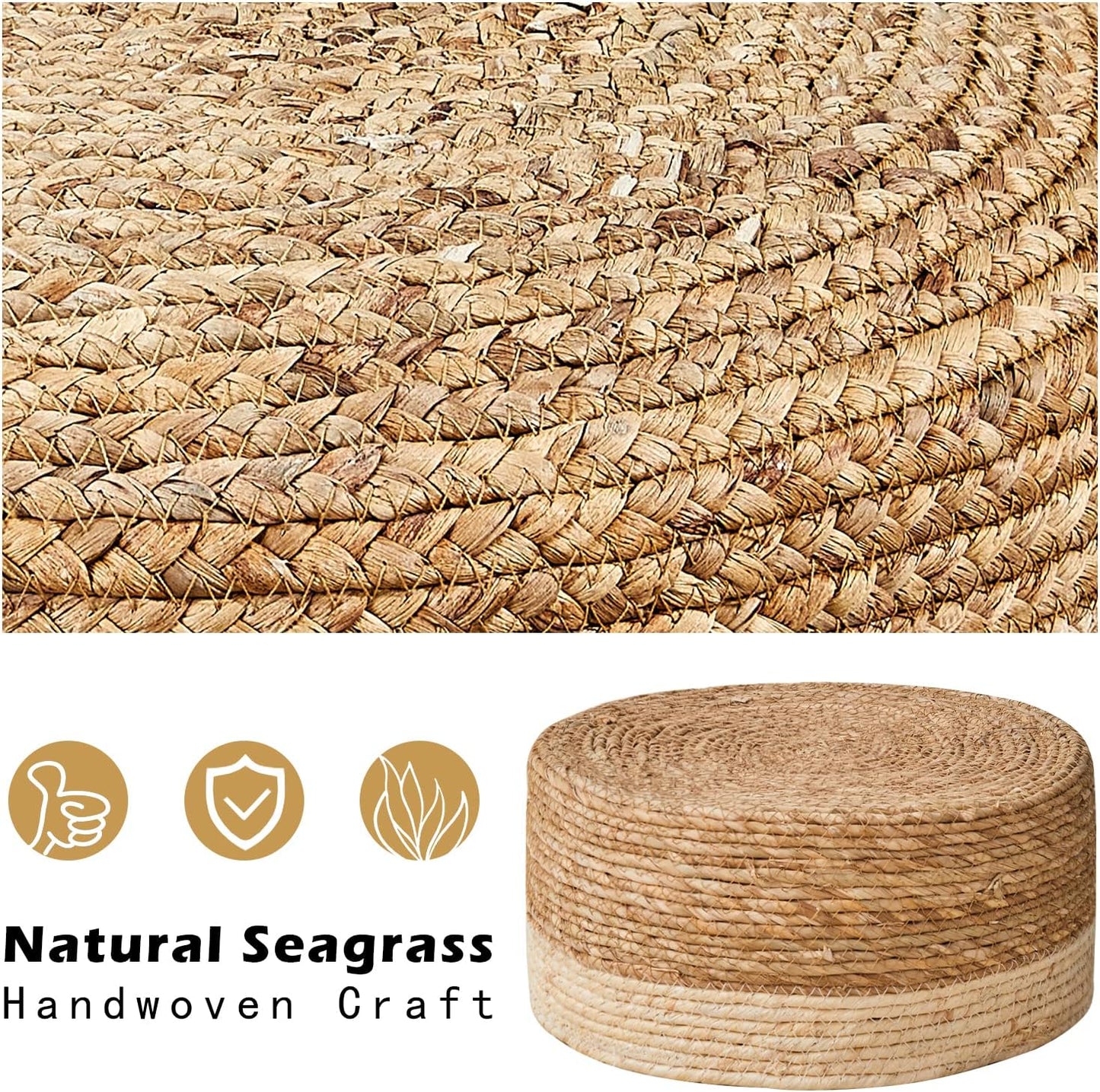 Cpintltr Foot Stool Natural Seagrass Hand Weave Poufs Round Ottoman for Couch Desk Soft Step Stool Padded Foot Rest with Non-Skid Pine Legs for Hallway Office Lounge Natural/White