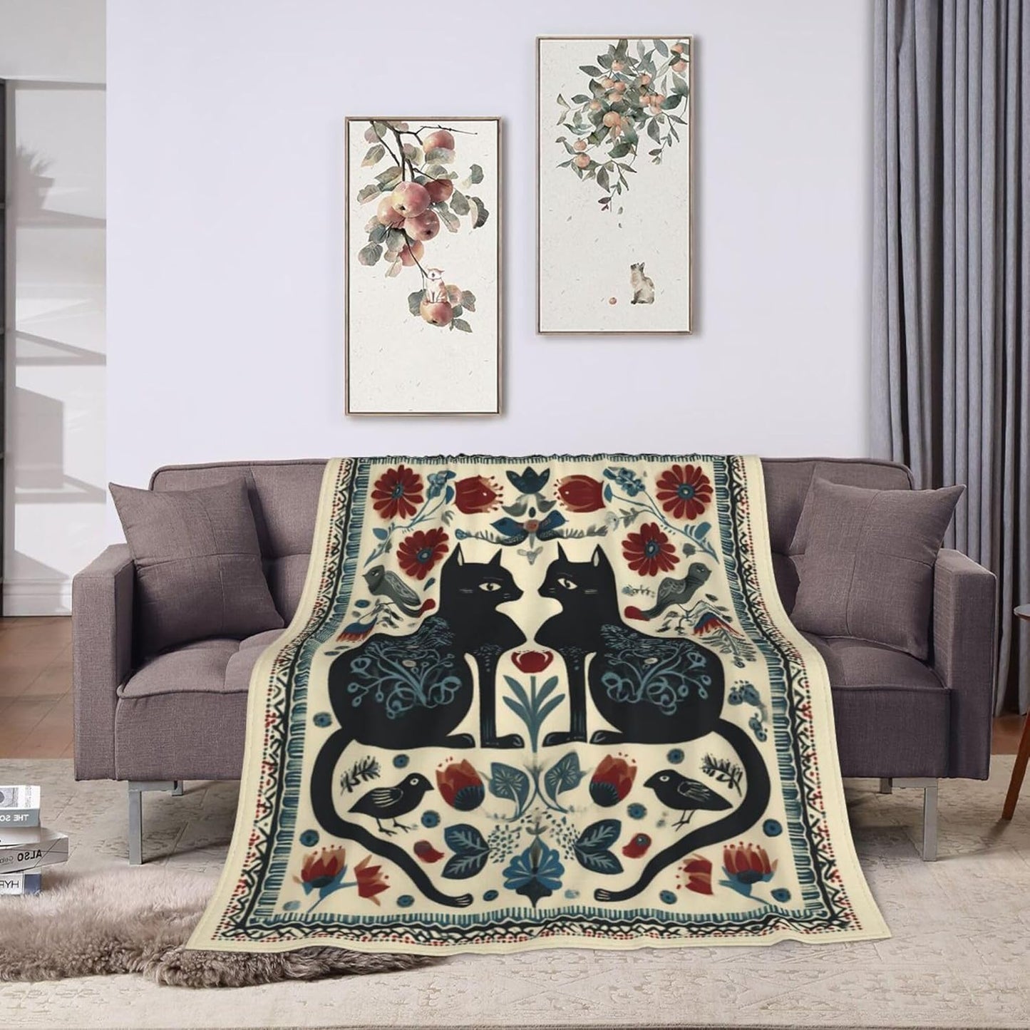 Black Cat Blanket, Folk Art Scandinavian Floral Throw Blanket, Vintage Boho Flower & Bird Decor, Super Soft Flannel Fleece Blanket for Bed Couch, Gift for Cat Lovers 60"x50"