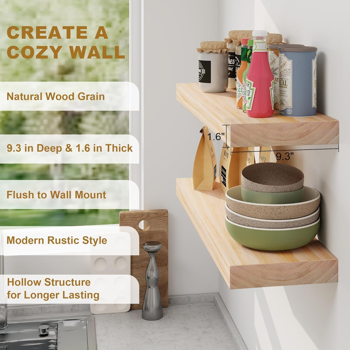 Fun Memories Floating Shelves, 9.3'' Deep Solid Pine Wood Wall Shelves for Storage, Wall Mounted Display Shelf with Invisible Heavy-Duty Metal Bracket, 24'' Width Set of 2, Unfinished - DIY Stain