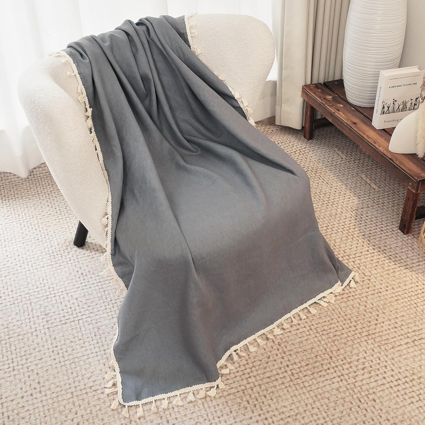 100% Pure Linen Blanket with Fringe, 49.6" x 59.8" - Linen Blankets Lightweight Breathable, Decorative Linen Throw Blanket for Living Room Couch Sofa and Bed,Gray