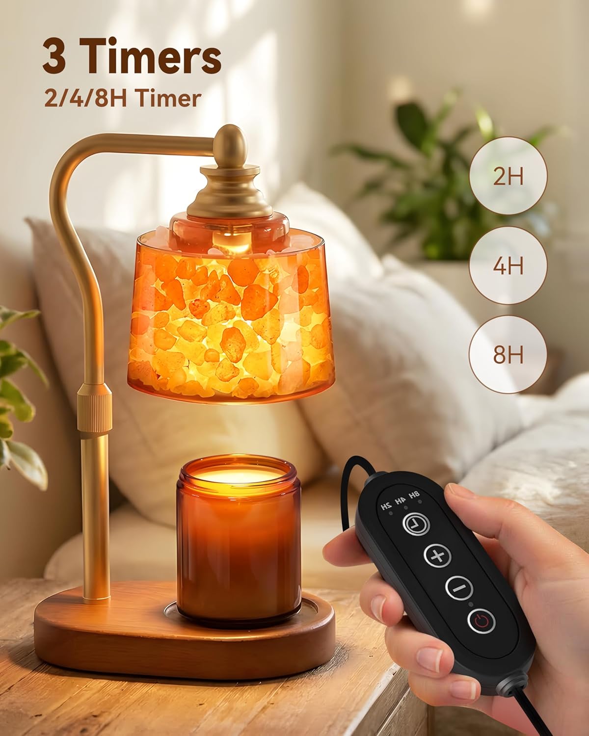 3-in-1 Candle Warmer Lamp with Timer Dimmable, Himalayan Salt Lamp & Passive Diffuser, Gifts for Women, House Warming Gifts New Home Decor, Wax Melt Warmer for Jar Candles (Gold)