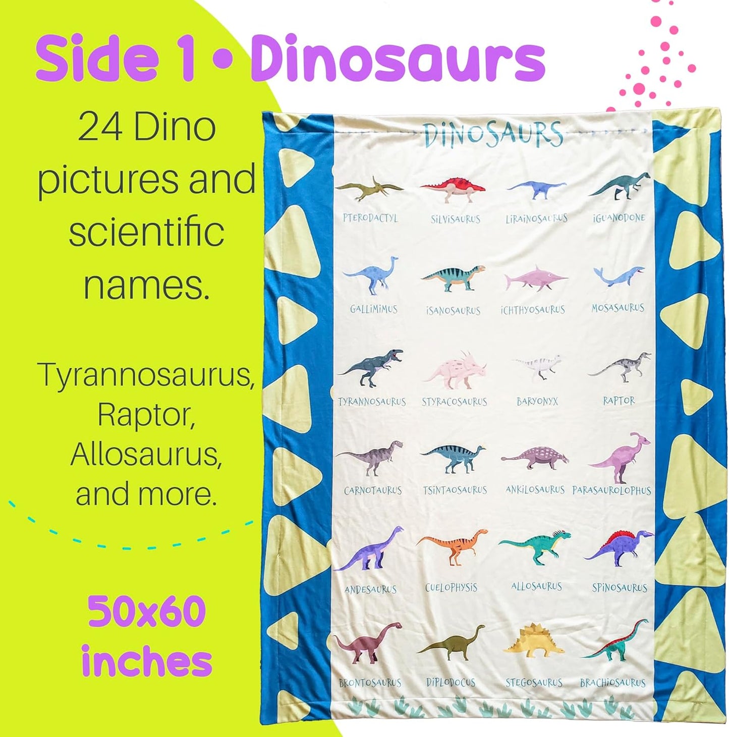 Birdy Boutique – Learning Blanket® – Double-Sided Dinosaur MapBlanket for Kids – Throw 50" x 60" – Soft Minky Plush Educational Blanket for Kids – Prehistoric Species & World Map
