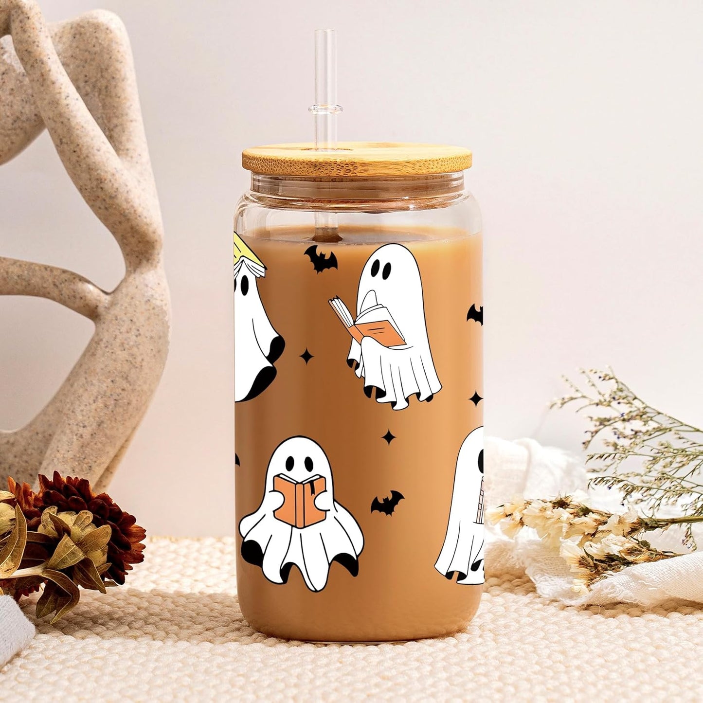 16oz Ghost Reader Halloween Cup with Lid Straw, Halloween Ghost Aesthetic Glass Can, Ghost Reader Glass Cup, Gift Idea for Book Lovers Women Sister Friends Daughter