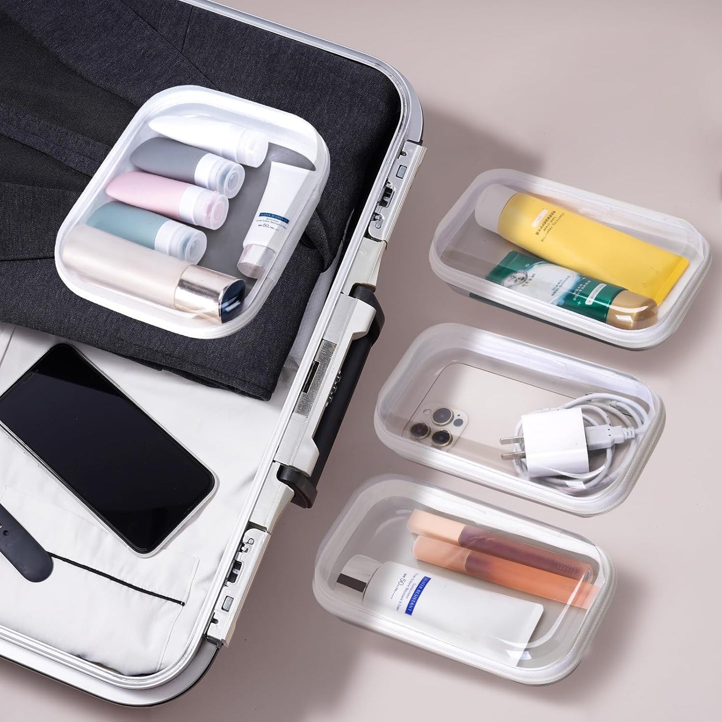 4 pcs Clear Zipper Pouches,Hard Shell Zipper Case, Toiletry Bag for Travel, CLear Diaper Bag, Toiletry Pouch, Travel Organizer, Cosmetic Bag,Toy Storage Bins (M+3S)