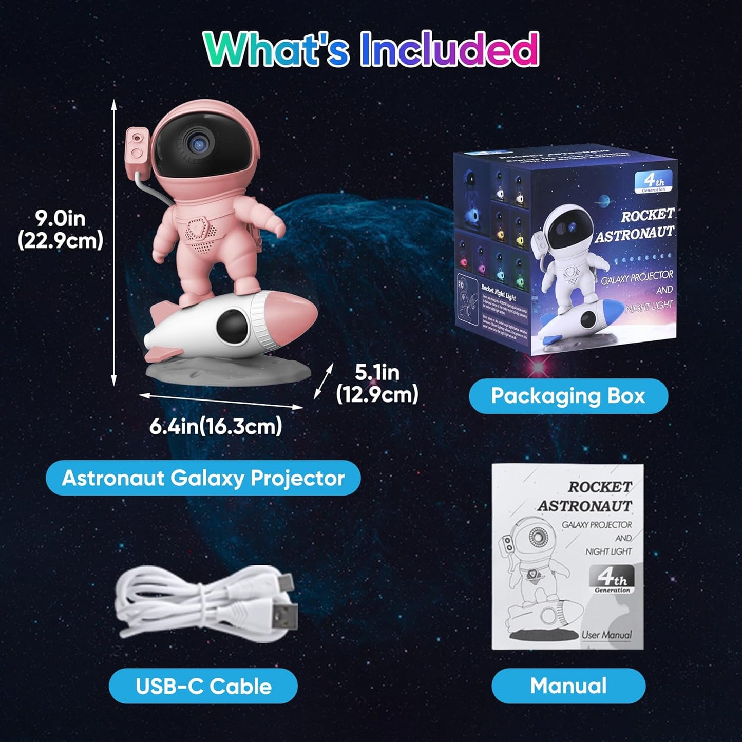 Astronaut Galaxy Projector for Bedroom with Rocket Night Light 13 Film Discs, HD Image Star Projector Galaxy Light Adjustable Knob, Planetarium Projector for Kids, 1/2h Timer Simple 4-Button Control