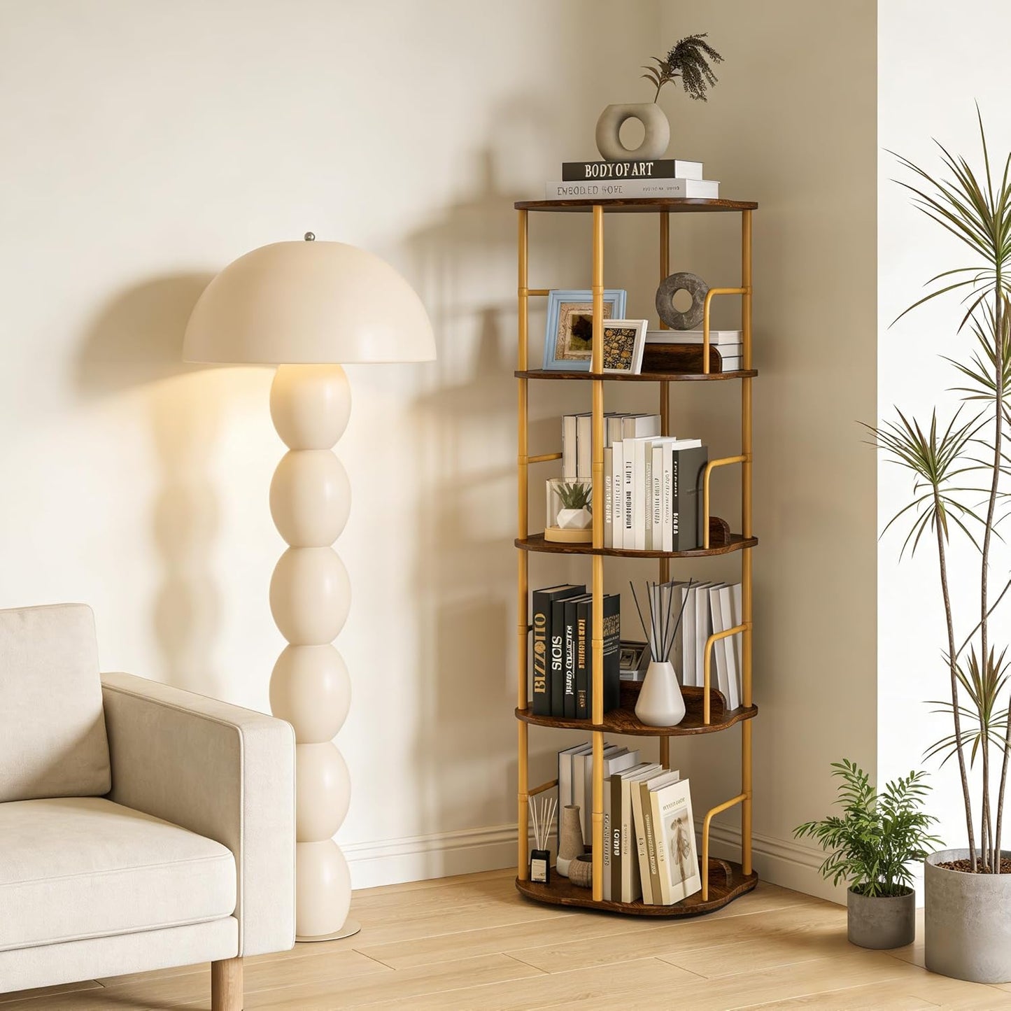 4 Tier Round Shelf, Industrial Freestanding Bookcase with Metal Frame, Rustic Wood Display Storage Rack for Living Room, Bedroom, Office & Small Spaces