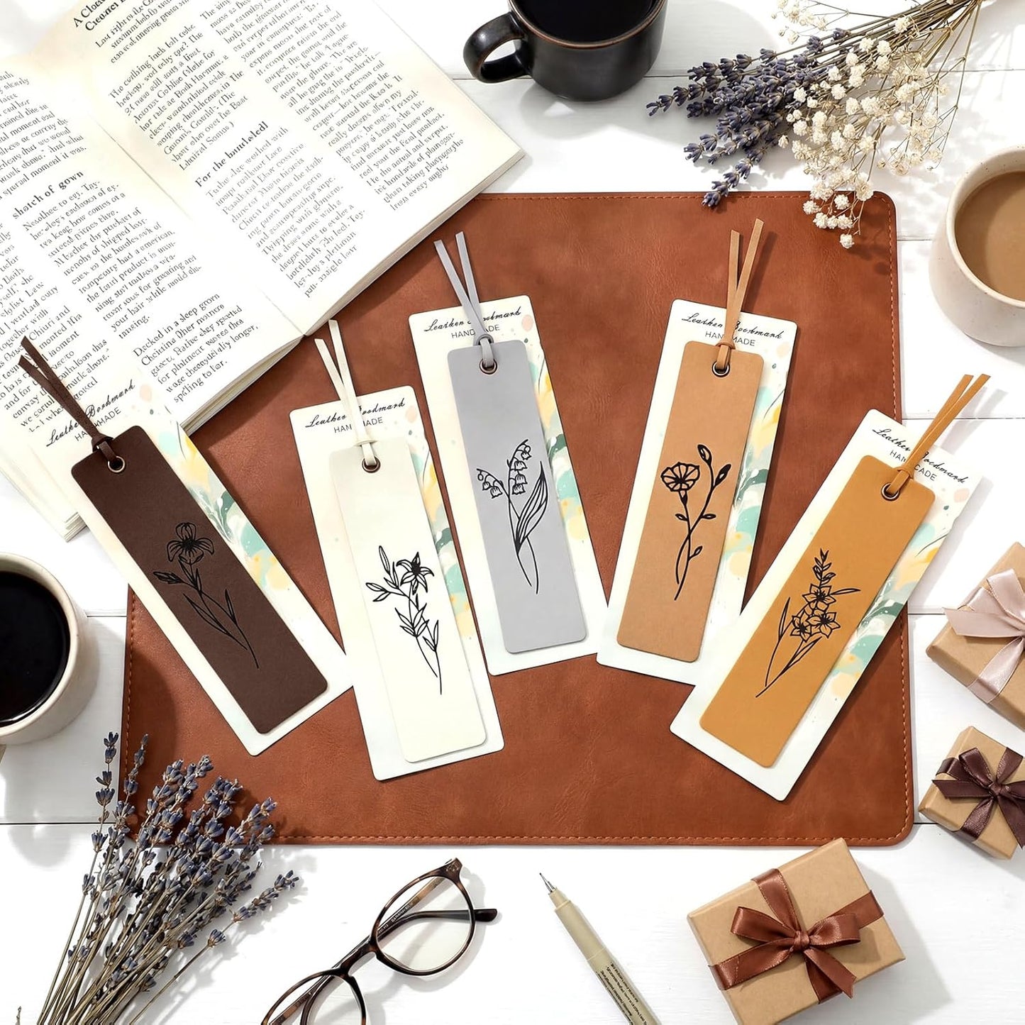5 Pcs Flowers Leather Bookmark for Reading Bookmarks with Rope Cards Stitched Bookmark, Women Men Kids Floral Page Marker Reading Gift for Book Lover Teacher Gift School(Aesthetic Color)