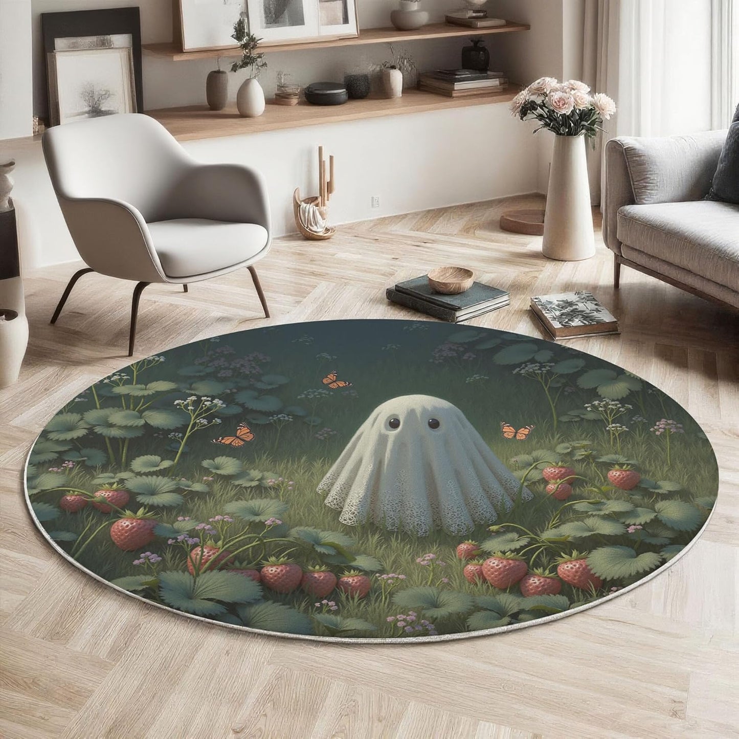 Washable Cute Ghost Strawberry Field Area Rug, 3Ft Round Rugs for Living Room Soft Carpet for Bedroom Dreamy Illustration Indoor Stain Resistant Non-Shedding Floor Carpet, Forest Green, 3Ft-Round