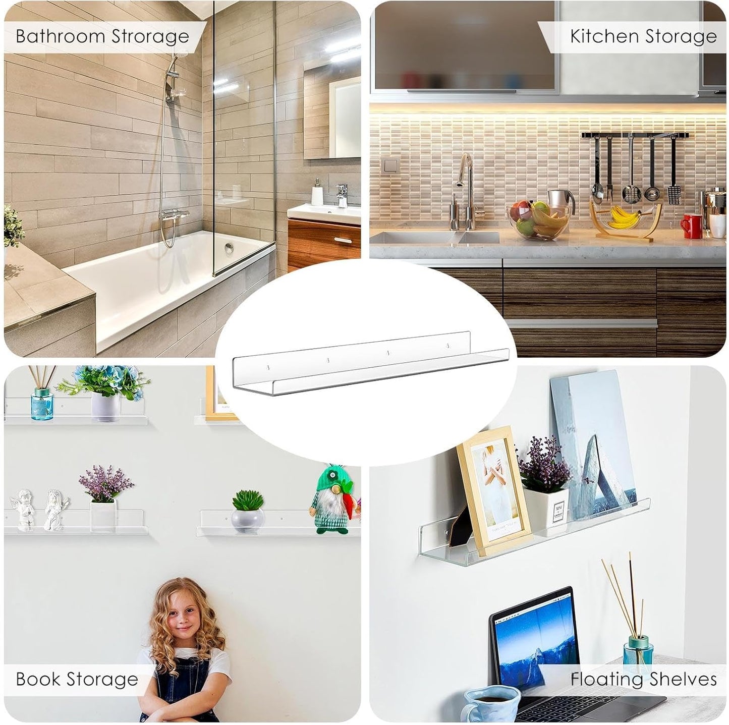 Thyle 6 Pcs 36 Inch Acrylic Floating Shelves Wall Mounted Clear Shelves Acrylic Floating Bookshelf Invisible Storage Rack with Screws and Screwdriver for Room Nursery Bathroom Display