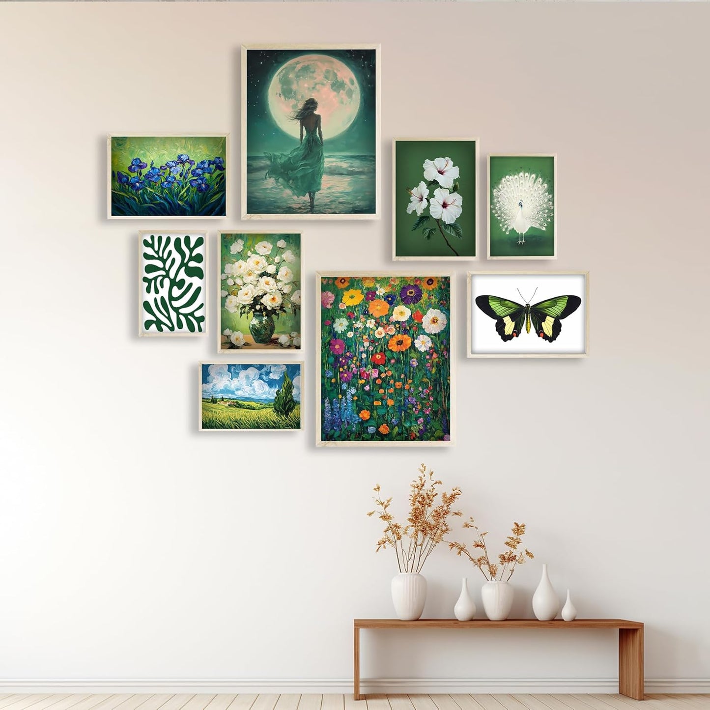 Eastern Print Eclectic Green Wall Art, Set Of 9 Pcs Unframed Posters, Vintage Room Decor Coquette, Green Painting Home Decor, Vintage Eclectic Wall Art Prints For Bedroom, Living Room, UNFRAMED