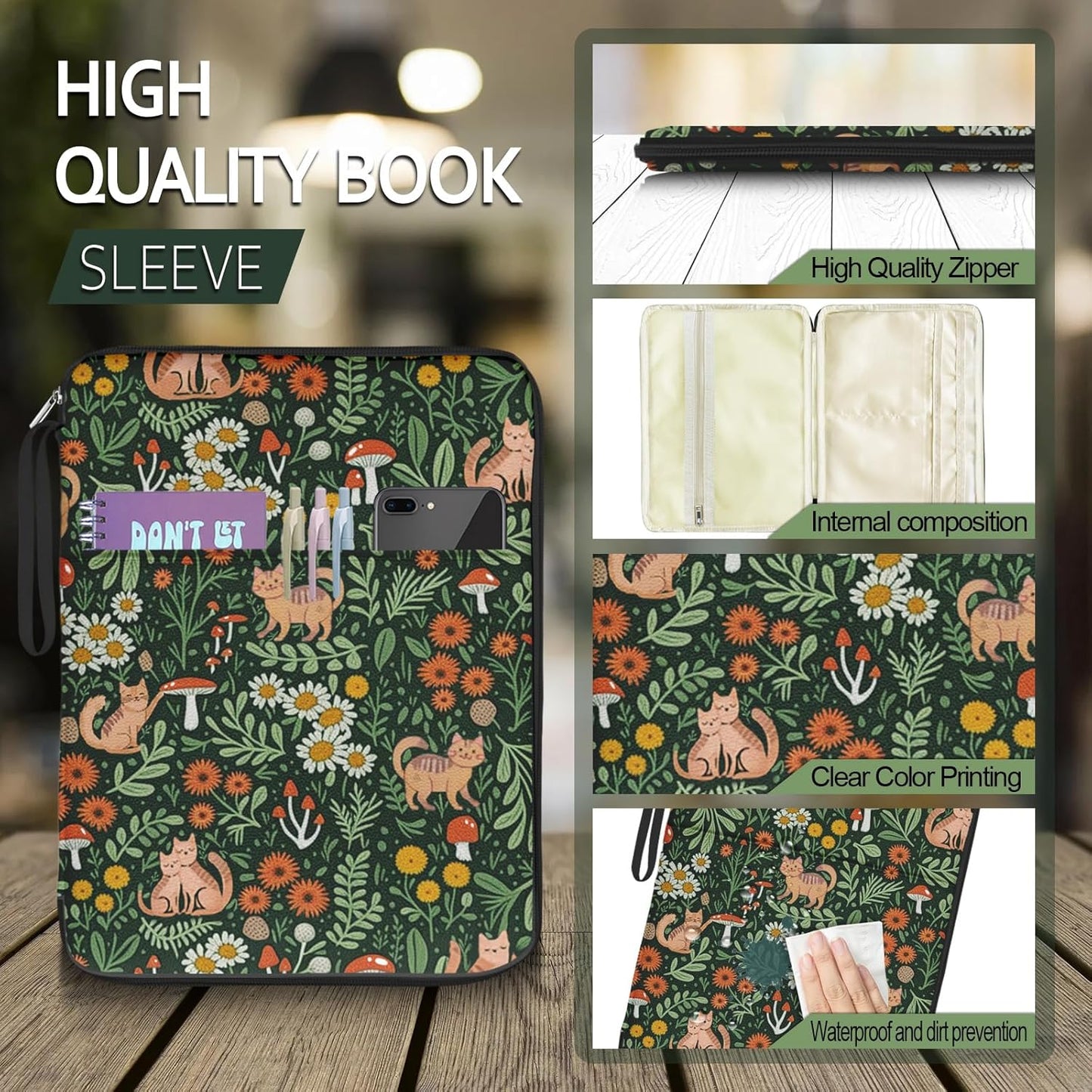 Cute Cat Printed Book Sleeve Pouch Case with Zipper - Waterproof Journal Cover for Book Lovers, Teachers, Readers & Librarians