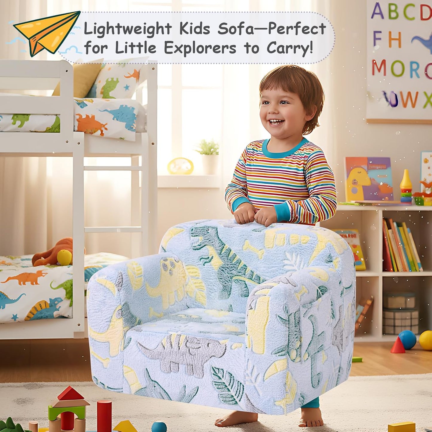 Tiita Kids Sofa, Childrens Couch with Carry Handle, Portable Toddler Foam Sofa Couch, Glow in The Dark Nursery Kids Couch, Lightweight Kids Chair for Playroom, Dorm Room, Small Space, Grey Dinosaur