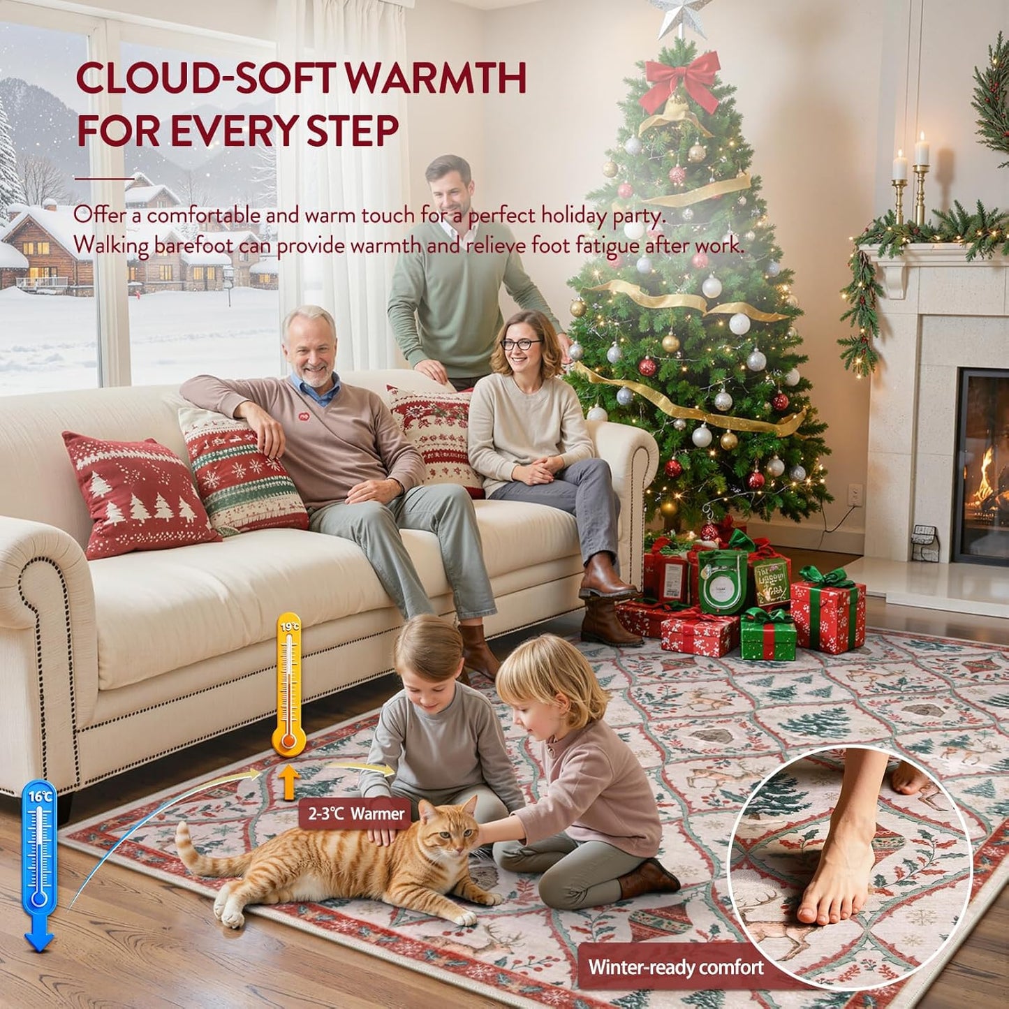 Lahome Christmas 8x10 Rugs for Living Room, Soft Christmas Bedroom Rug Print Reindeer Tree Carpet, Stain Resistance Non Shedding Indoor Carpet for Office Dining Room Xmas Decor (Beige/Red)