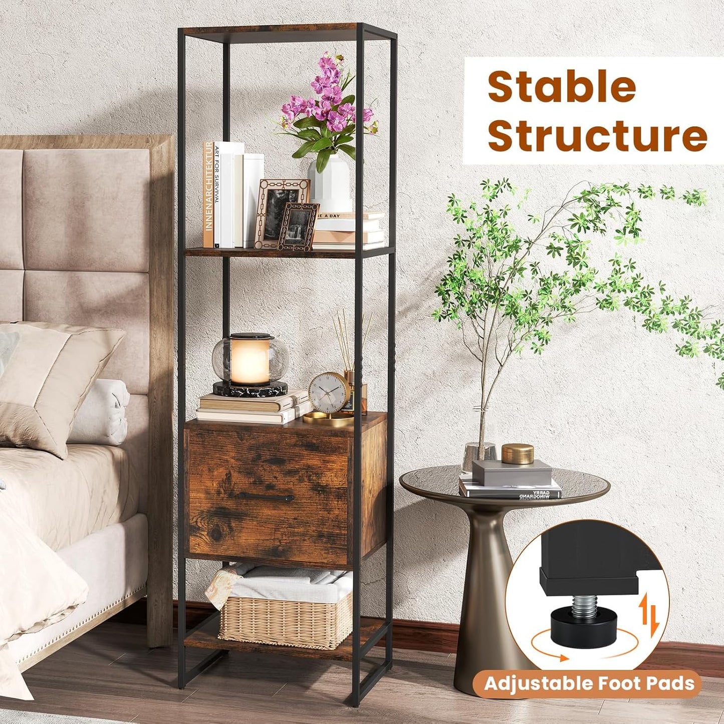 Giantex 5-Tier Bookshelf with Drawer, Narrow Bookcase w/Open Shelves & Metal Frame, Modern Storage Organizer Shelving Unit, Freestanding Display Rack for Bedroom Living Room (1,Rustic Brown+Black)