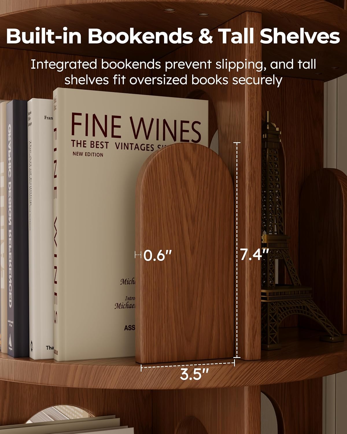 Solid Wood Rotating Bookshelf Tower, 6 Tier Corner Bookshelf with Bookends, Kids Spinning Book Shelf with Wheels, Revolving Bookcase Shelf, Tall Narrow Bookshelves for Small Spaces, Walnut