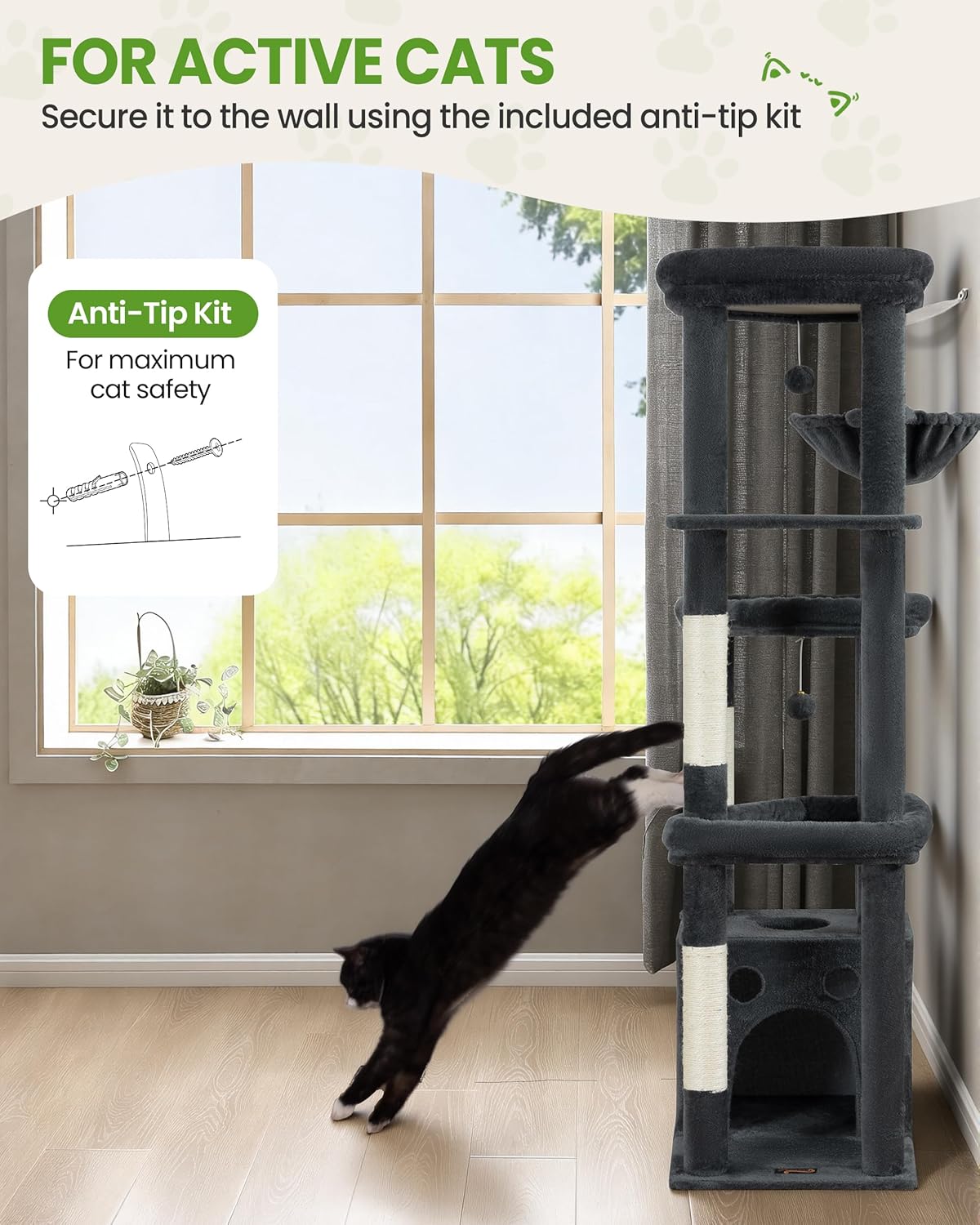 Multi-Level Cat Tree Tower for Indoor Cats, 67 inch Tall XL Heavy Duty Climbing Tower with 3 Large Platform, Scratching Post, Hammock, Kitty Condo for Multiple Cats, Extra Large Cat Trees, Dark Grey