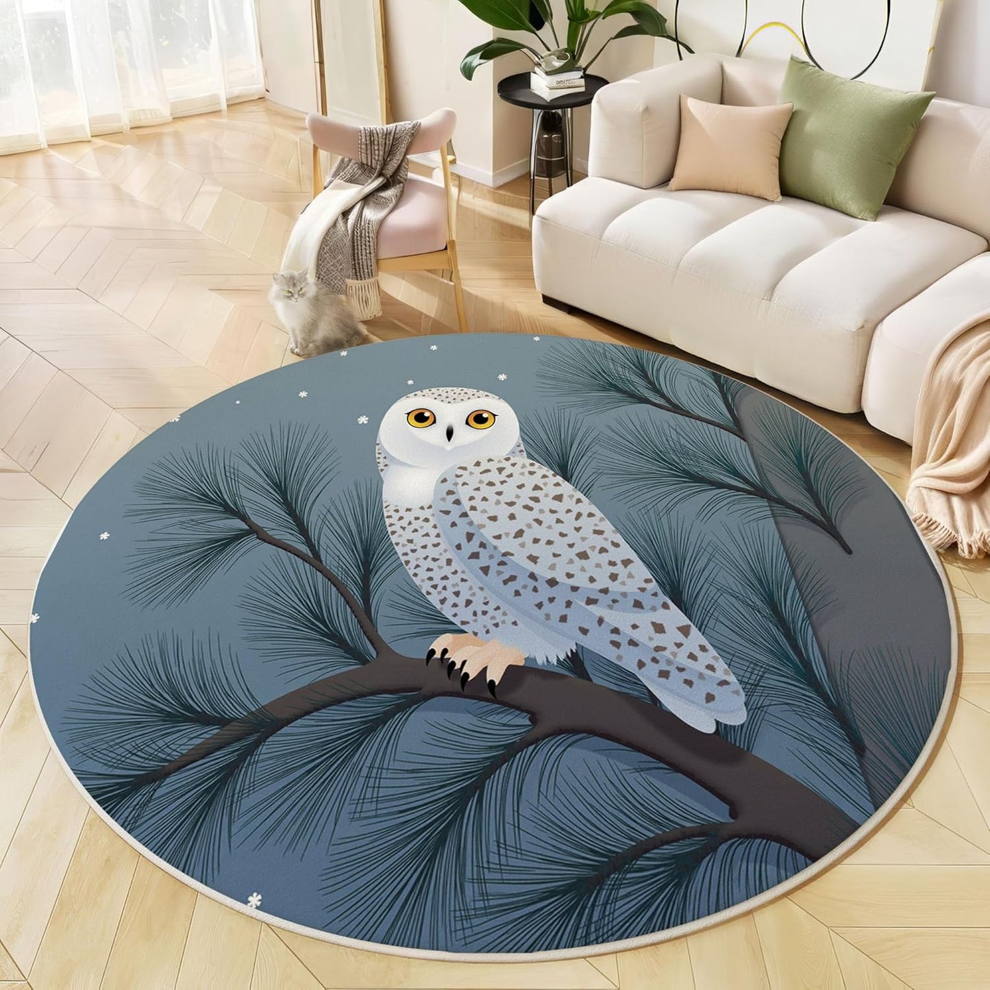 Washable Cartoon Snowy Owl Tree Branch Area Rug, 2Ft Round Rugs for Living Room Soft Carpet for Bedroom Natural Animals Indoor Stain Resistant Non-Shedding Floor Carpet, Blue Gray, 2Ft-Round