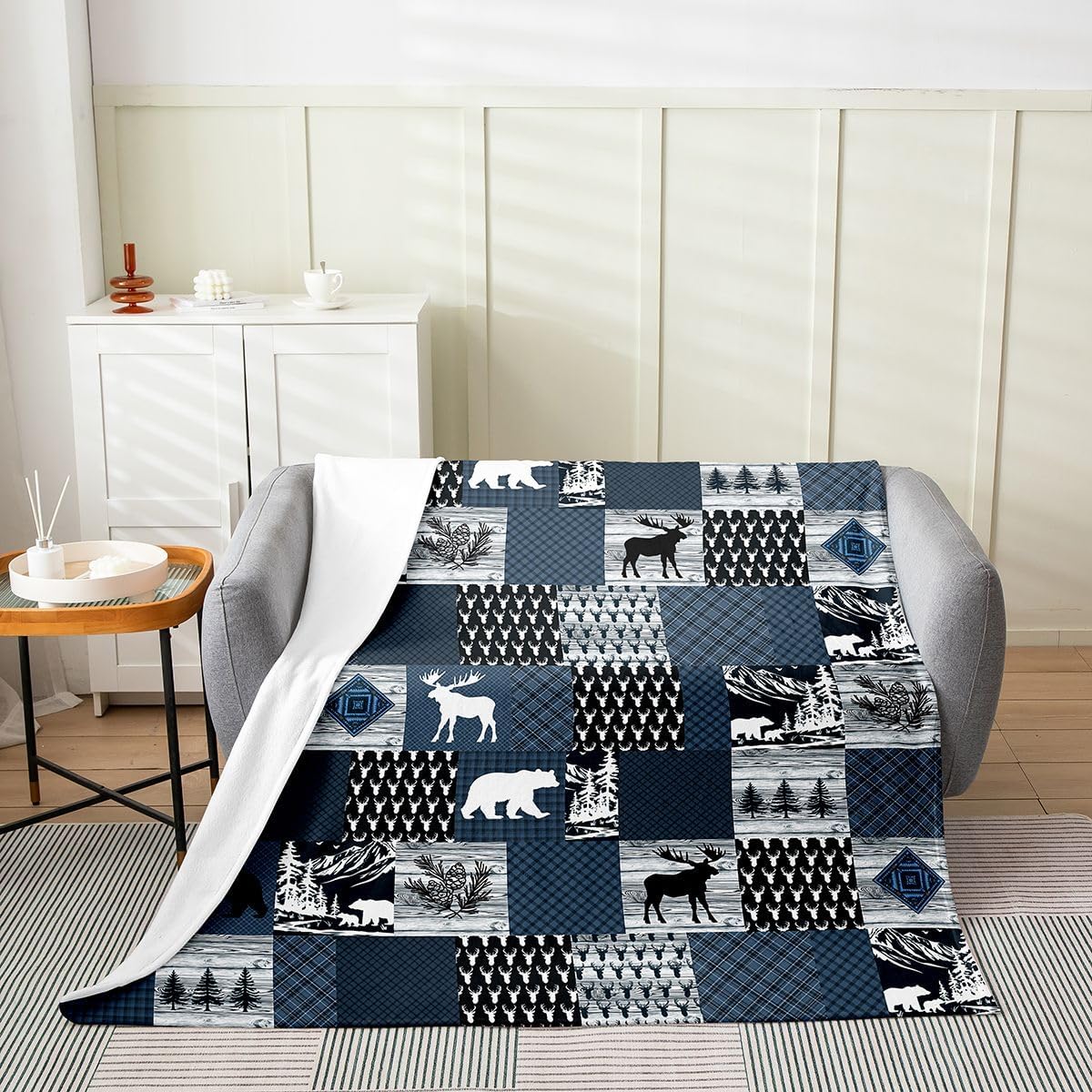 Feelyou Deer Bear Blue Plaid Fleece Throw Blanket Wild Western Animal Hunting Flannel Blanket Plush Fuzzy Rustic Cabin Farmhouse Patchwork Country Lodge for Bed Chair Twin 60"x80" Bedroom Decor