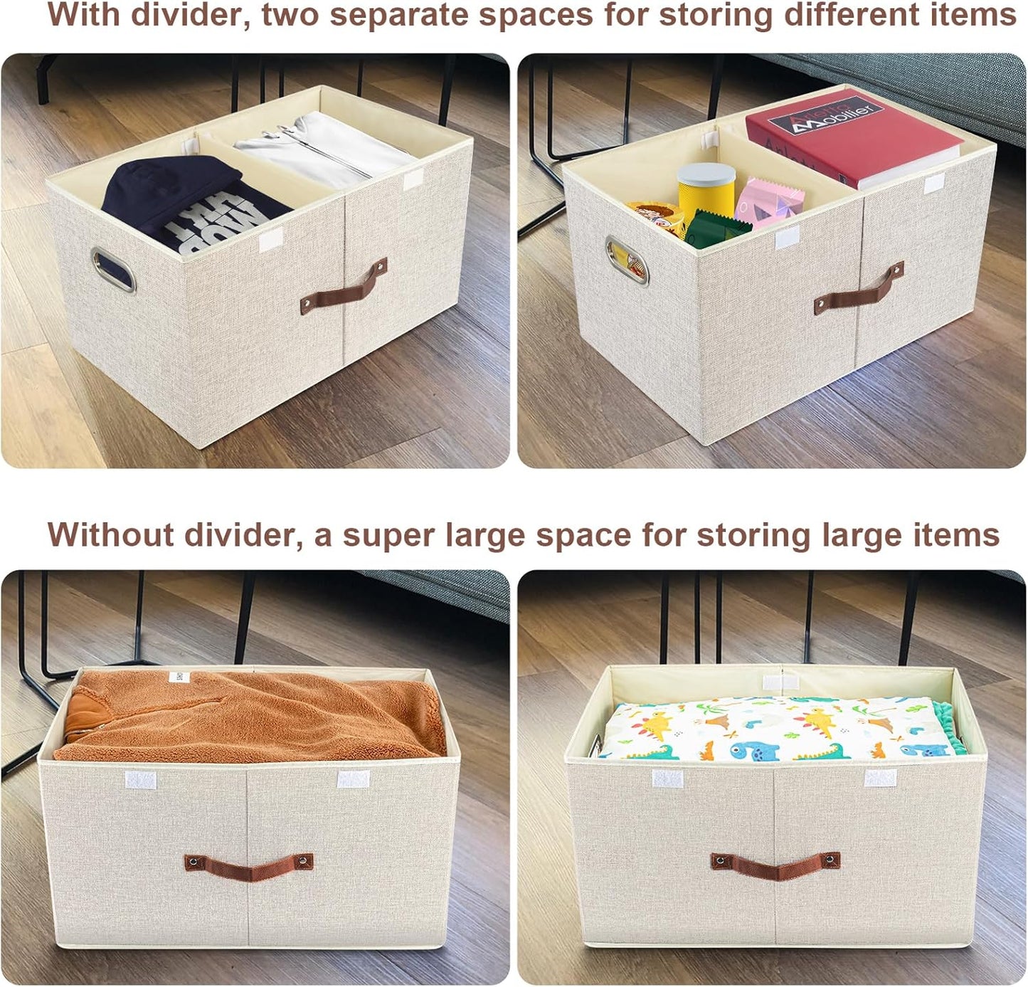 TYEERS Extra Large Collapsible Storage Bins with Lids and Compartments, Washable, Fabric Storage Boxes, 21.7x13x11.8 inches, 2 Pack, Beige