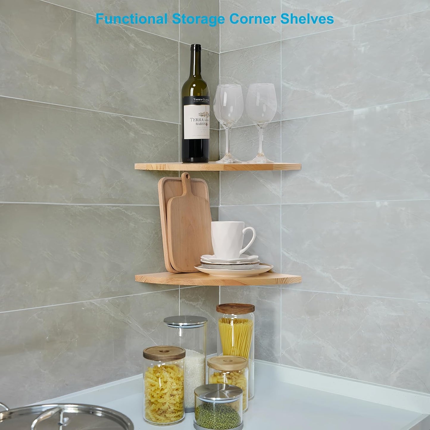 Waterproof Natural Wood Corner Wall Shelves Set of 2, Rustic Wood Corner Floating Shelves with Cable Raceway for Bathroom Kitchen Study Bedroom (10 Inch, Fan-Shaped)