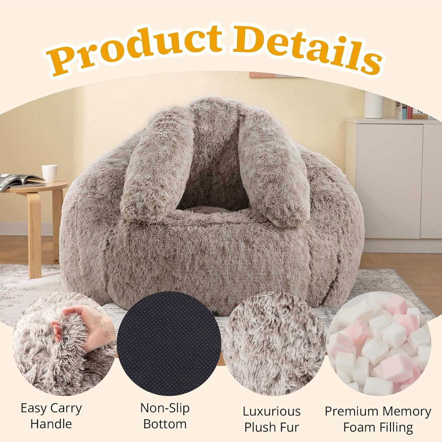 Bean Bag Chair for Adults Kids Giant Fluffy Plush Bean Bag Sofa with Filler Faux Fur Rabbit Shaped Beanbag Chairs Comfy Accent Floor Couch for Gaming, Reading in Bedroom, Living Room, Dorm