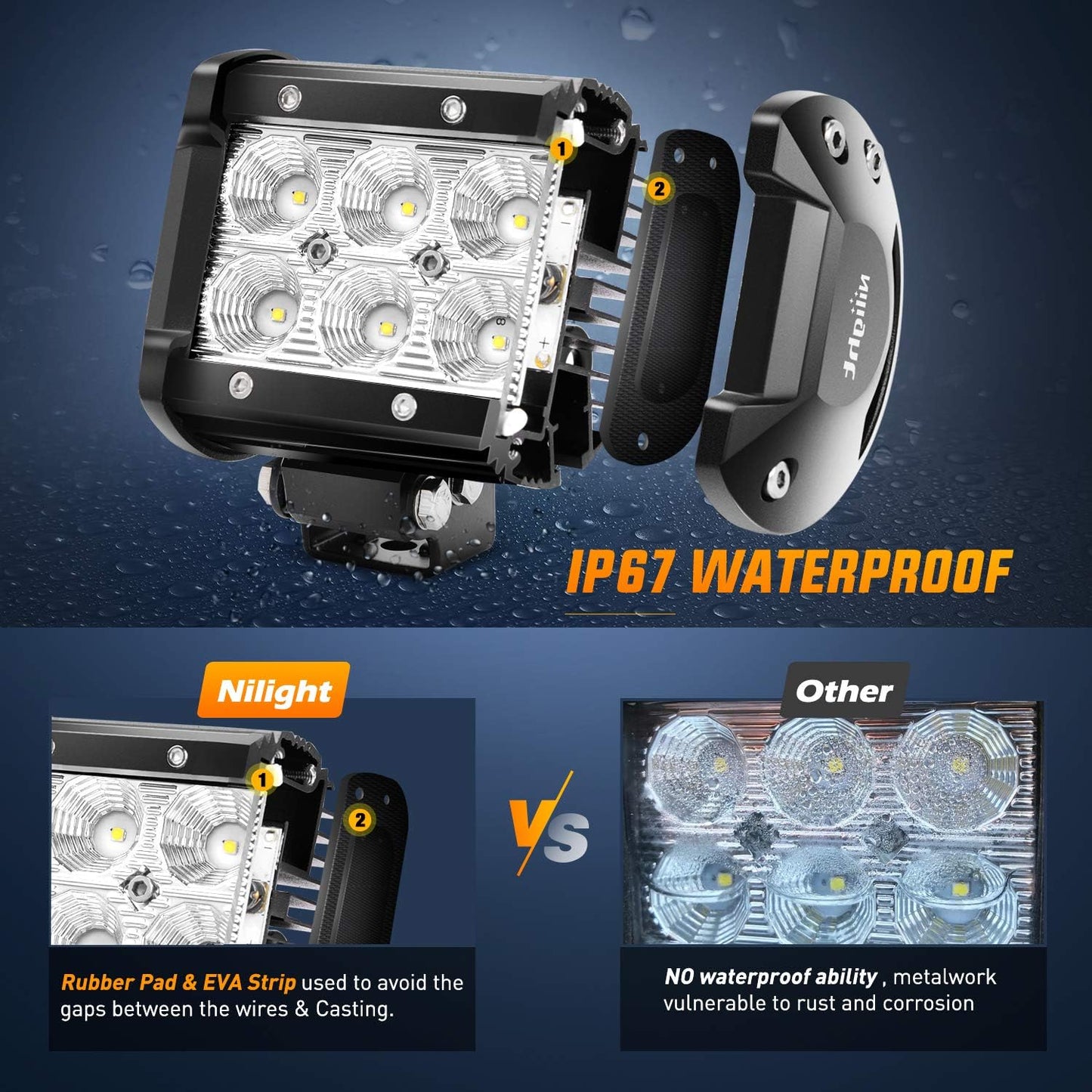 Nilight Led Pods 2Pcs 18W 1260LM Flood Off Road Lights Super Bright Driving Work Fog Lamps for Trucks Pickup Golf Cart SUV ATV UTV 4x4 Van Camper Boat
