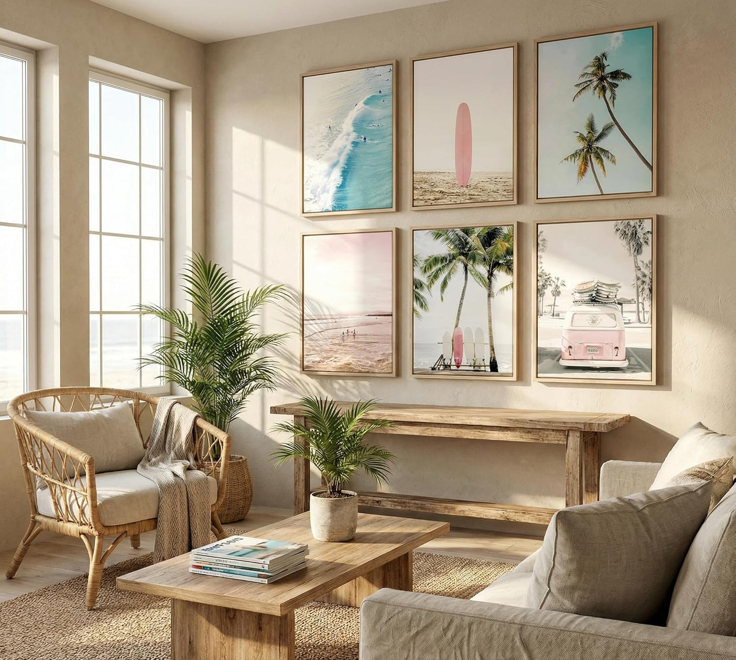 6PCS Preppy Aesthetic Beach Canvas Wall Art Pink Surfboard Palm Tree Ocean Waves Posters Prints Paintings Coastal Summer Pictures Wall Decor for Teen Girls Bedroom Dorm Bathroom Unframed