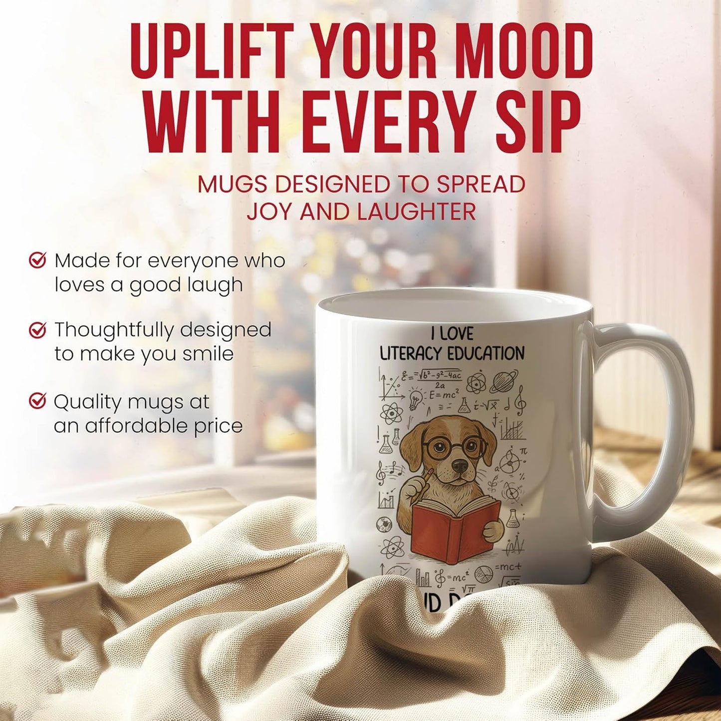 Literacy Education And Dogs Mug - Reading Coffee Cup - Book Lover Funny Gift From Teachers - Tea Mugs - Cups - 11 Oz Ceramic Gifts For Educators, Birthday, Him, Her, Christmas, Back School, Classroom
