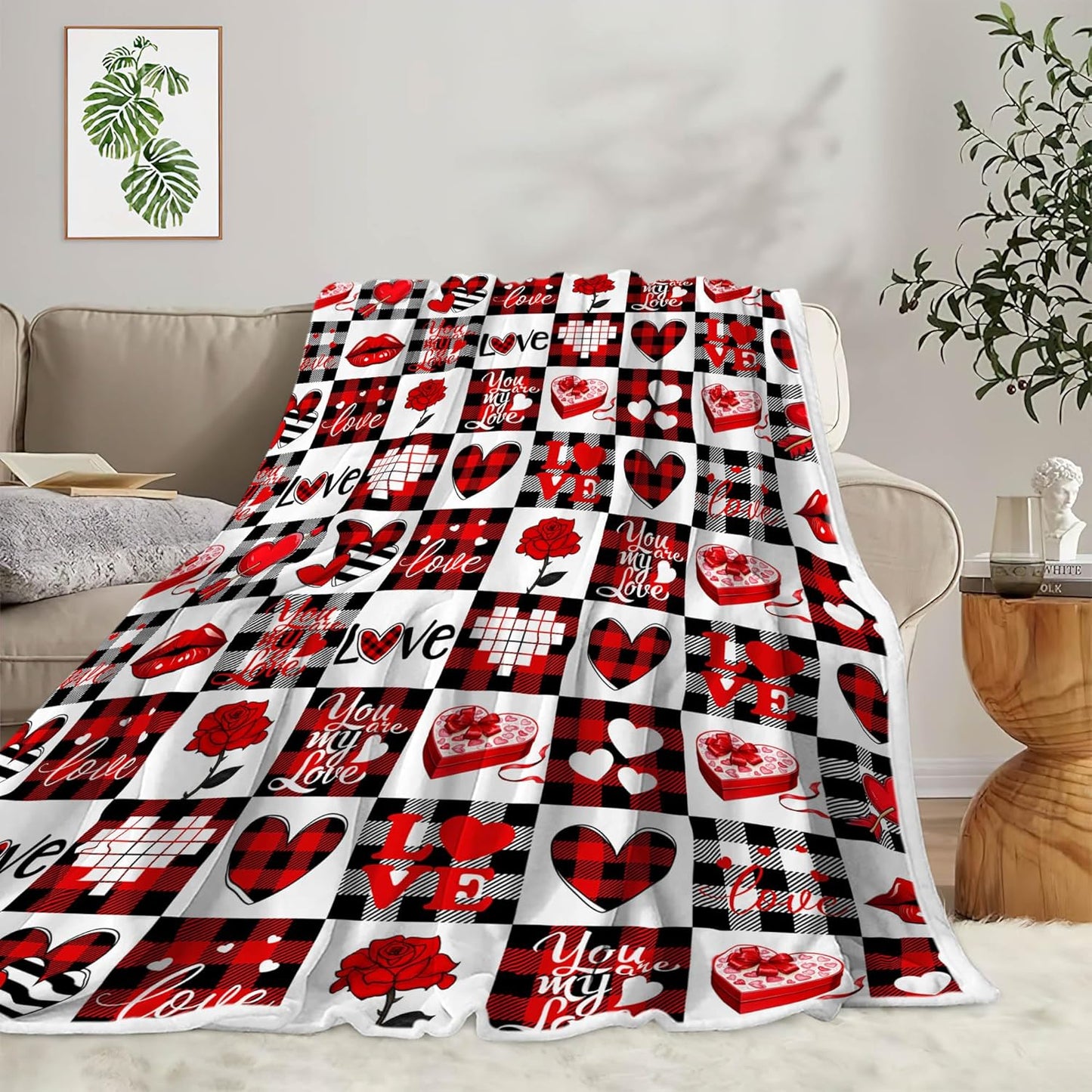 Valentines Day Fleece Throw Blanket, Red Checkered Love Heart Super Soft Fuzzy Cozy Warm Blanket, Romantic Valentine Gift for Her Wife Girlfriend Couple, 50"x60" Decorative Blanket for Couch Bed