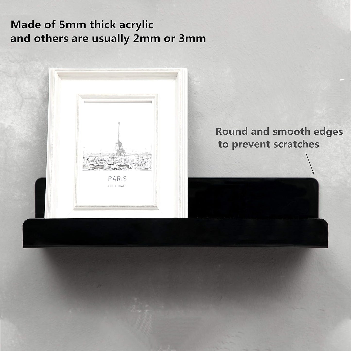 IEEK 15 Inch Black Acrylic Floating Wall Ledge Shelf,Wall Mounted Nursery Kids Bookshelf,5MM Thick Home/Office/Bathroom Storage Shelves Display Organizer Set of 3