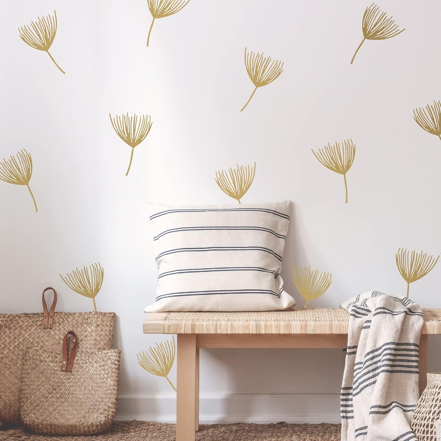 A Room with Metallic Gold Vinyl Flowers Wall Decals, Peel and Stick Modern Floral Dandelion Pappus Stickers for Bedroom Livingroom Home Wall Art Decor