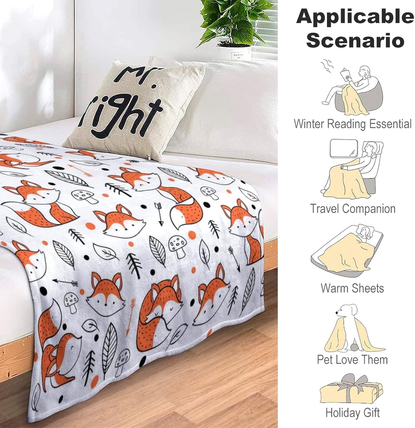 Cute Fox Blanket Super Soft Cozy Flannel Throw Blankets Bedding for Sofa Bedroom Living Room Kids Adults Gifts 80"x60"