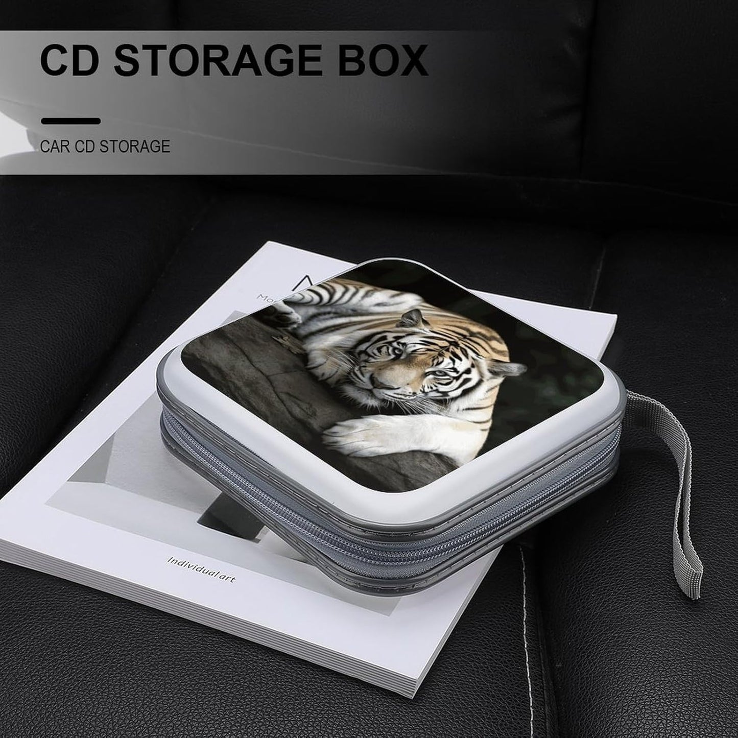 Tiger Lie On Rock CD Case 40 Capacity Case Zipper CD Collection Bag with Handles Cover DVD Storage Hard Plastic DVD Disc Cases Storage Binder for Car Home Office Travel