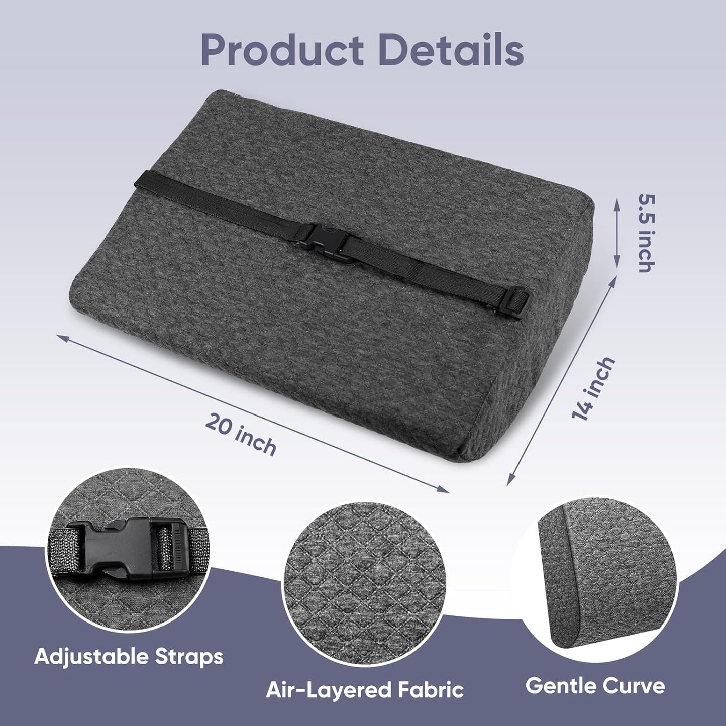 Extra Large Lumbar Support Pillow for Recliner, 20"x14"x5.5" Back Support Cushions with Back Strap, 100% Foam High Supportive, Durable, Grey