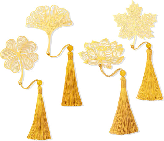 4 Pack Metal Bookmarks with Tassel for Women – Aesthetic, Pretty & Unique Bookmark Set, Gold & Brass Designs for Reading Essentials, Gifts for Writers, Cute Decorative Bookmarks for Book Lovers