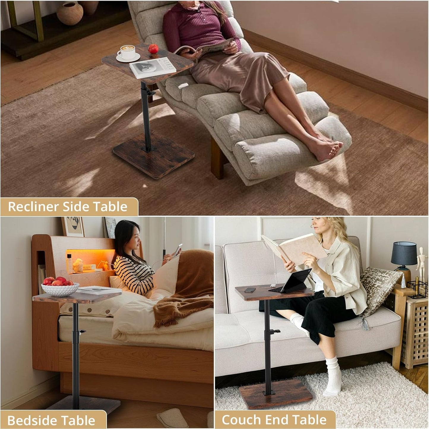TV Trays for Eating on Couch - Height Adjustable C Shaped End Table with 360° Swivel, Slide Under Sofa Side Table for Small Spaces, Snack Table for Bed Chair Living Room Bedroom Laptop, Rustic Brown