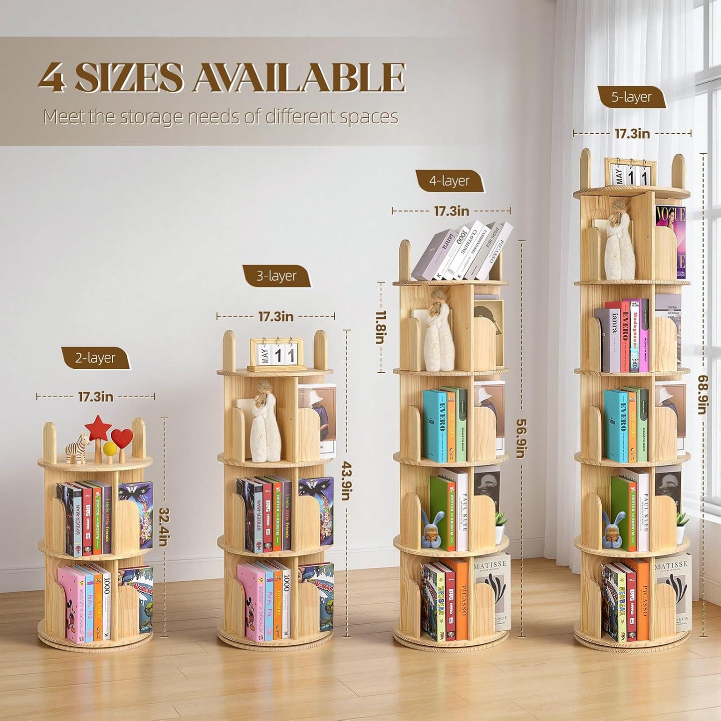 Kryonix Rotating Bookshelf, Solid Pine Wood Spinning Bookshelf Tower 5 Tier, 360° Revolving Bookcase for Kids, Multi-Functiona Corner Round Turning Book Shelf Organizer for Small Spaces