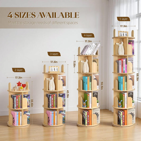 Kryonix Rotating Bookshelf for Kids, Solid Pine Wood Spinning Bookshelf Tower 2 Tier, 360° Revolving Bookcase, Multi-Functiona Corner Round Turning Book Shelf Organizer for Small Spaces